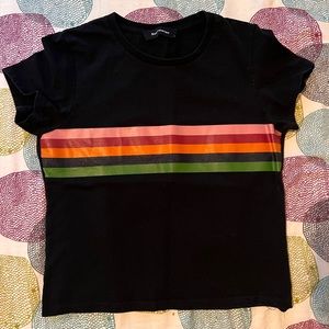 Reformation Black Short Sleeve Tee with Pink Orange Red and Green Stripe